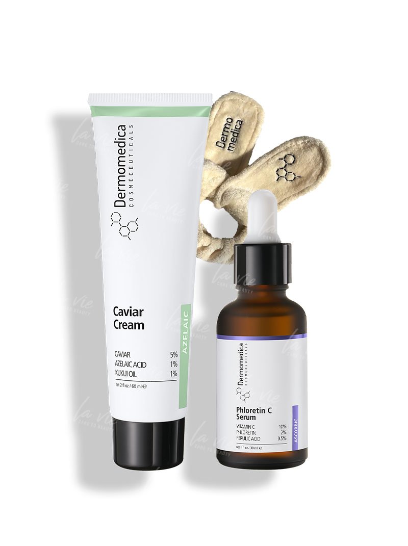 Zestaw na niedoskonałości: Krem z Ekstraktem z Kawioru + Aktywne Serum z Witaminą C + Opaska kosmetyczna